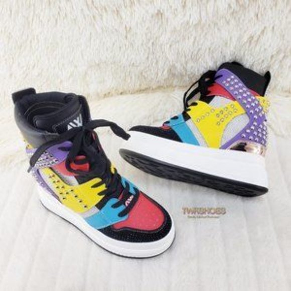 Quince Hidden Wedge Platform Punk Designer Sneakers Black Multi Rhinestones - Picture 5 of 7